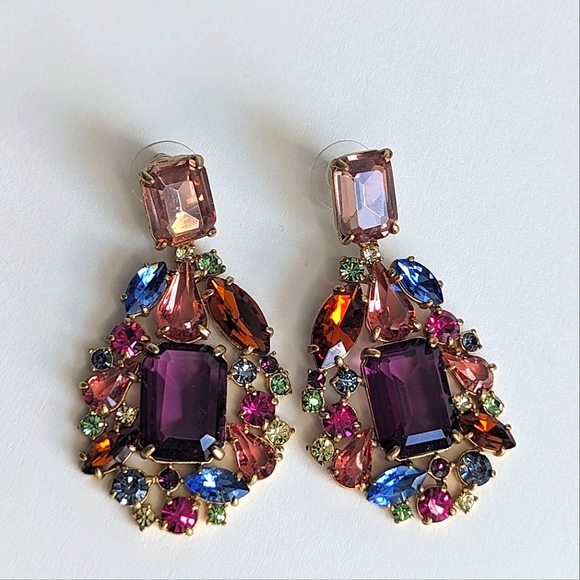 J. Crew Multi Jewel Cluster Drop Stone Dangle Earrings Amber Blue Green Magenta - Picture 2 of 9